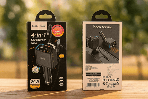 80W 4-in-1 car charger with retractable cables and LED display